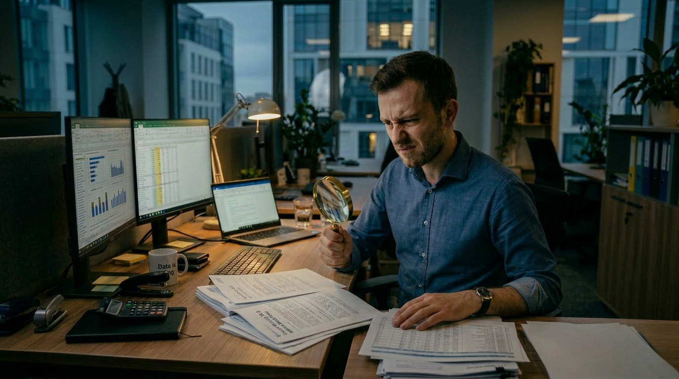 Man reviewing and marking financial documents at office desk
